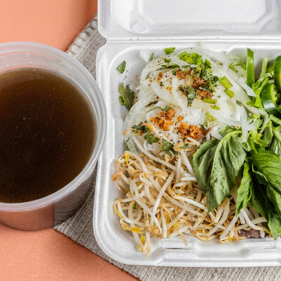 Open takeout container with noodles, bean sprouts, herbs, basil, jalapeño, and lime alongside a cup of dark dipping sauce.