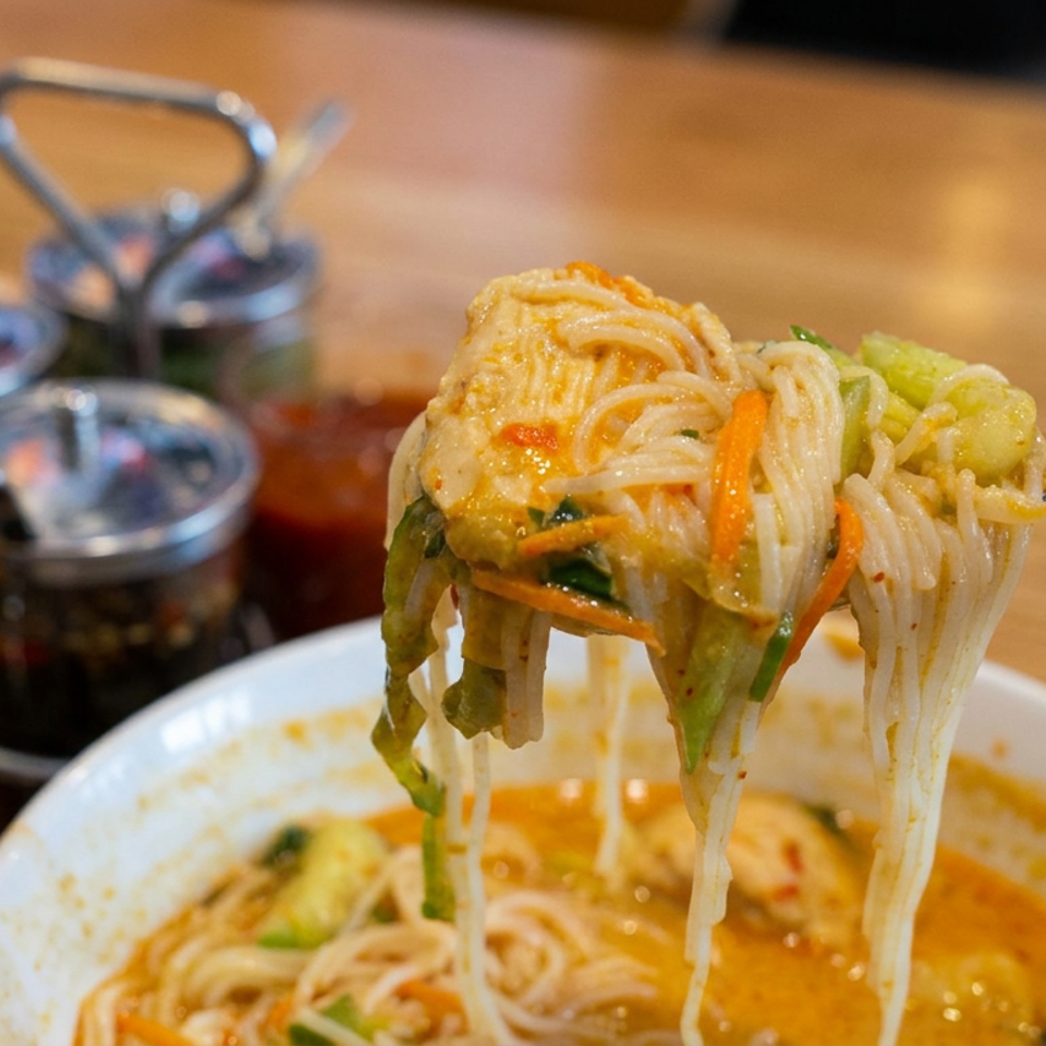 Chopsticks lift noodles, vegetables, and tofu from a bowl of spicy broth beside condiments on a wooden table.