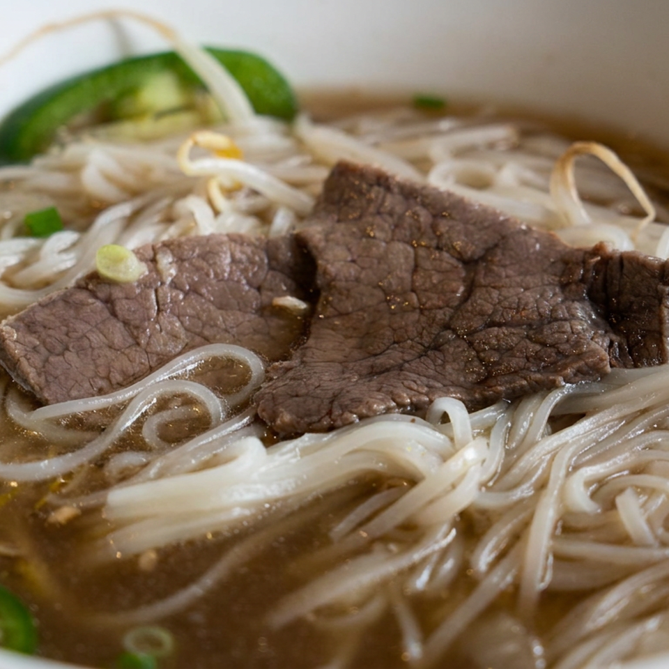 Bowl of Vietnamese-style beef noodle soup with rice noodles, sliced beef, bean sprouts, scallions, and jalapeños in savory broth.