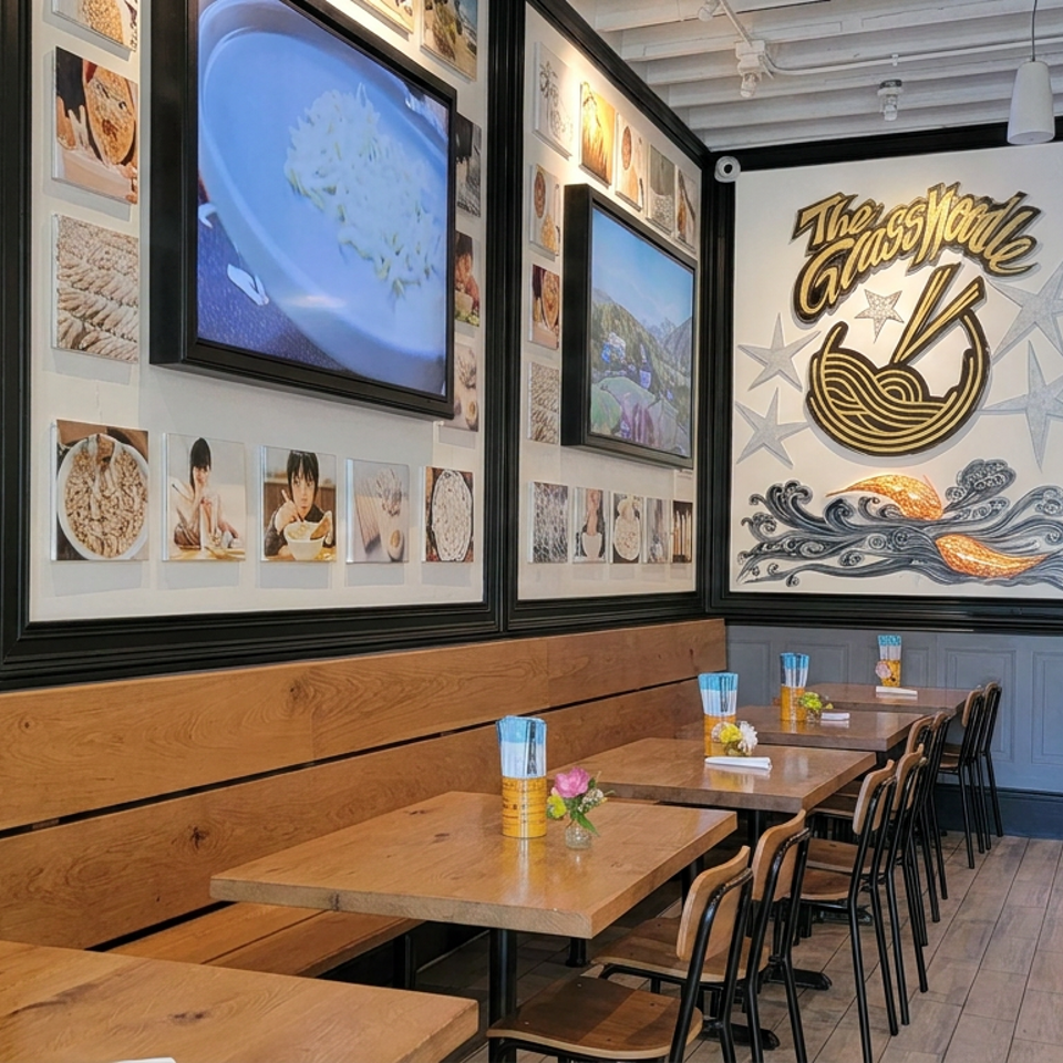 Bright noodle restaurant dining area with wooden tables, framed food photography, pendant lights, and a large illustrated noodle mural.