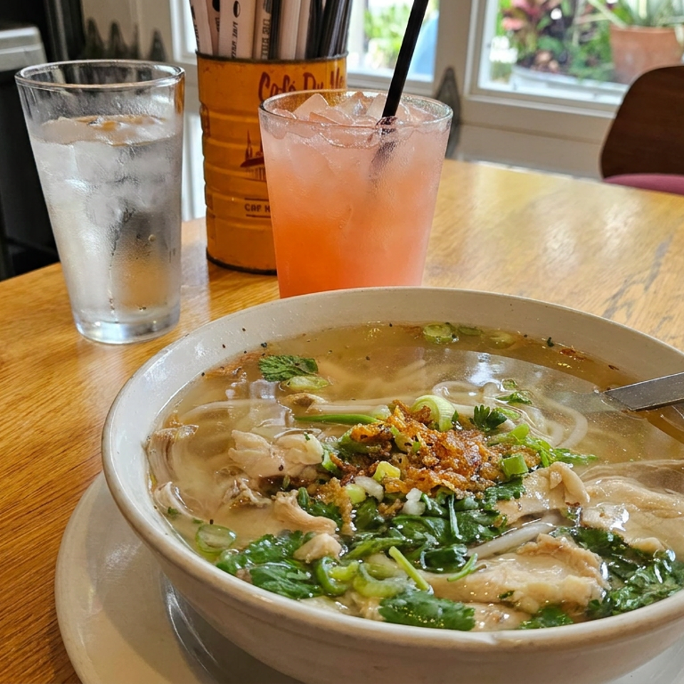 Bowl of Vietnamese noodle soup topped with chicken, herbs, scallions, and crispy onions beside iced drinks on a wooden restaurant table.