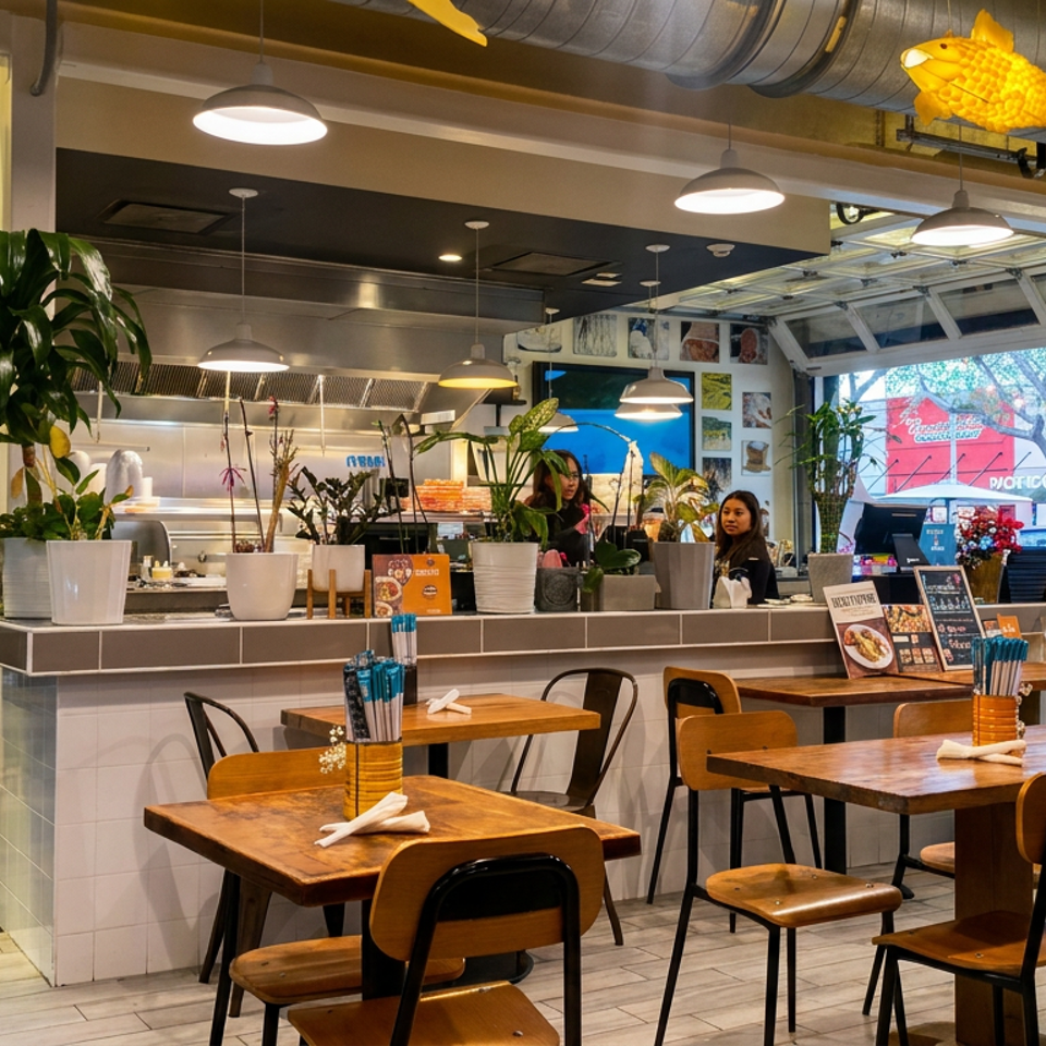 Bright casual restaurant dining room with wooden tables, potted plants, counter service area, staff, and playful yellow fish decorations.